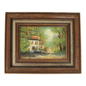 Vintage Framed Village Painted on Board