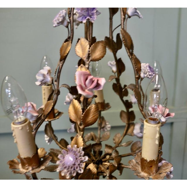 French Gilt Toleware and Floral Ceramic 6-Branch Chandelier, 1930s For Sale - Image 4 of 8