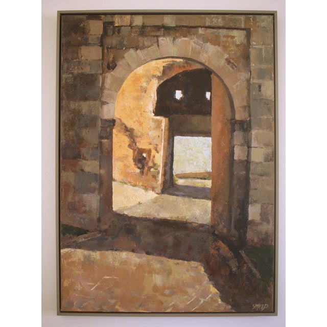 Dove Gray Contemporary Impressionist Italy Medieval Gate Framed Original Oil Painting For Sale - Image 8 of 8