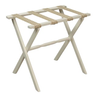 Ivory Wood Straight Leg Luggage Rack with 4 Cream & Tan Greek Key Straps For Sale