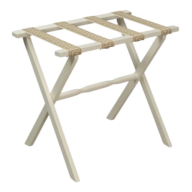Ivory Wood Straight Leg Luggage Rack with 4 Cream & Tan Greek Key Straps For Sale