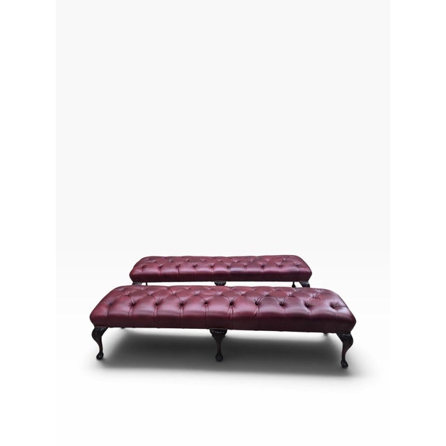 Antique Chippendale Style Carved Tufted Benches Newly Reupholstered in Burgundy Leather- Pair For Sale - Image 10 of 12