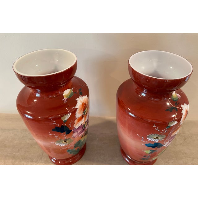 Pair of Large Bristol Milk Glass Victorian Floral Hand Painted Vases For Sale - Image 10 of 14