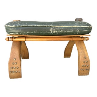 Mid 20th Century Vintage Mid Century Middle Eastern Wood & Green Leather Camel Saddle Footstool/Ottoman For Sale