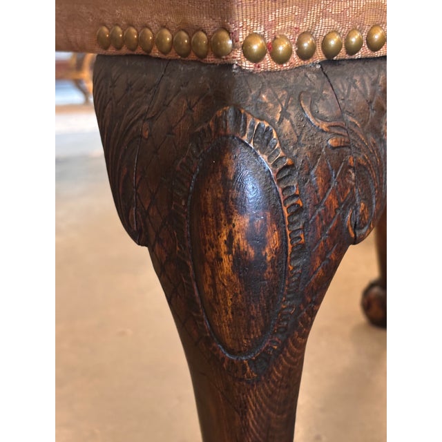 English Antique George II Upholstered Bench in the Chippendale Style, Resting on Boldly Carved Ball and Claw Feet and Knee Decoration For Sale - Image 3 of 9