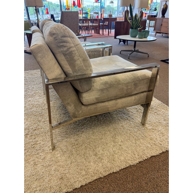 Arhaus Pair of Mid Century Modern Style Chrome Upholstered Lounge Chairs by Arhaus For Sale - Image 4 of 12