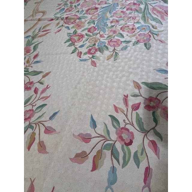 1920s 1920s Antique Ivory Floral Medallion India Agra Textile Chain Stitch Gallery Rug For Sale - Image 5 of 15