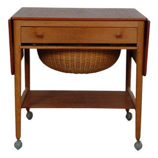 Sewing Table with Wheels of Teak and Oak by Hans Wegner, 1980s For Sale
