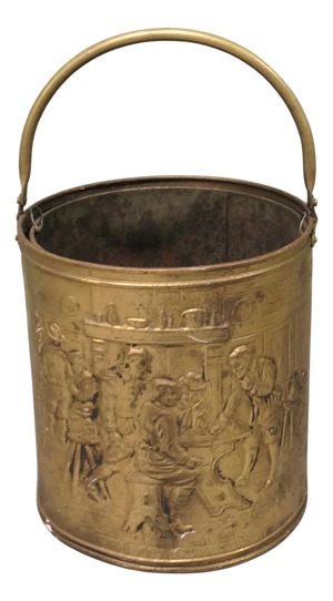 Arts and Crafts Brass Coal Bucket with Tavern Scenes, 1930s