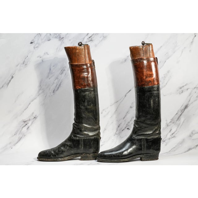 Early 19th Century Authentic Brown & Black Antique English Leather Riding Boots Wood Tree Forms Horse Equestrian Country Home Decor Prop For Sale - Image 5 of 9