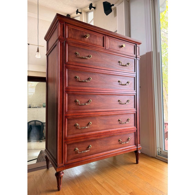 Fully refinished Mid Century Modern Lord Henredon tallboy dresser featuring rich walnut and oak grain with a smooth satin...