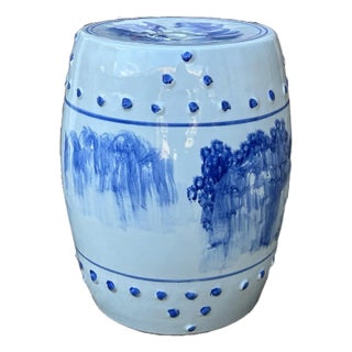 Chinese Blue & White Porcelain Scenery Round Stool Table For Sale