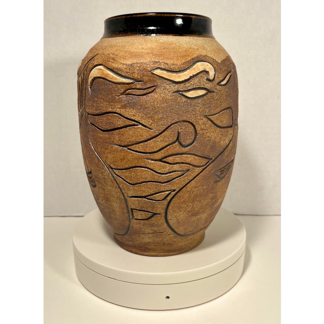 Native American 2001 Vintage Native American Studio Art Pottery Salmon Ceramic Vase Signed 9" For Sale - Image 3 of 8