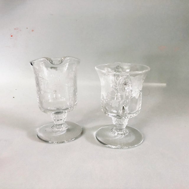 Victorian Vintage Glass Grape Vine Etched Creamer & Sugar For Sale - Image 3 of 5