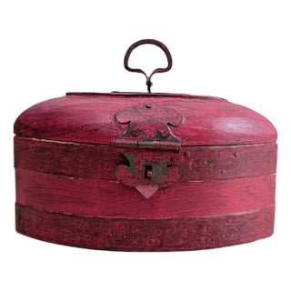Vintage Chinese-Style Hand-Painted Red Lacquer Box With Iron Hardware and Swing Handle For Sale