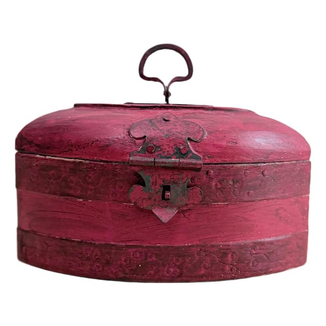 Vintage Chinese-Style Hand-Painted Red Lacquer Box With Iron Hardware and Swing Handle For Sale