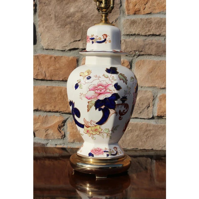 1970s Mason's Ironstone Blue Mandalay Lamp on Brass Base For Sale - Image 5 of 12