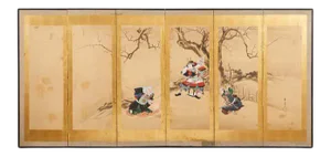 Japanese Edo Six Panel Screen Yoshitsune and Benkei