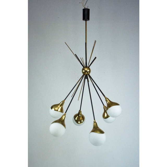 Metal Mid-Century Italian Brass and Opaline Glass Chandelier from Stilnovo, 1950s For Sale - Image 7 of 16