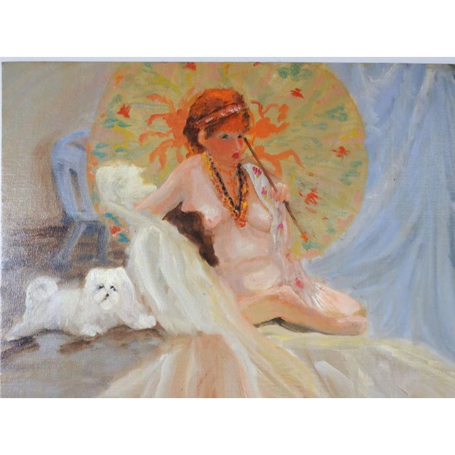 French Impressionist Bohemian Dog, Nude & Parasol Painting For Sale - Image 3 of 5