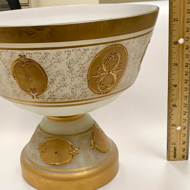 Vintage Imperlux Bohemian Glass Pedestal Fruit Bowl | Satin White Glass W/ 24k Gold Medallion Decorations | Czech Art Glass For Sale In Miami - Image 6 of 7