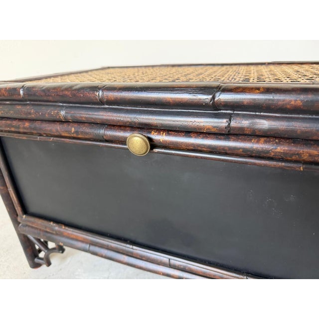 Vintage Chinoiserie Black Lacquered Bamboo Vanity Dressing Table With Mirror, Side Cabinets & Wicker Bench For Sale - Image 17 of 17