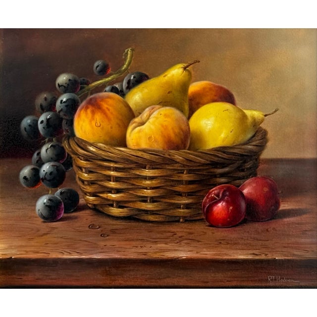 Late 20th Century Still Life with Fruit in Basket - Vintage Oil in Ornate Frame by British Artist 1987 For Sale - Image 5 of 12