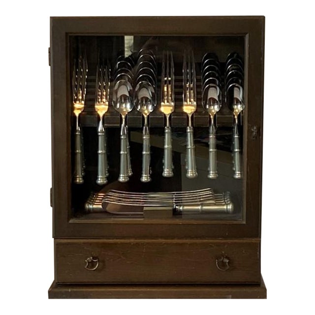 1980s Kirk Stieff “Old Annapolis” Pewter Flatware: Complete 65-Piece Set (Service for 12, Serving Pieces) With Original DIsplay Cabinet For Sale