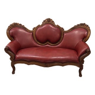 Victorian Red Leather Loveseat For Sale