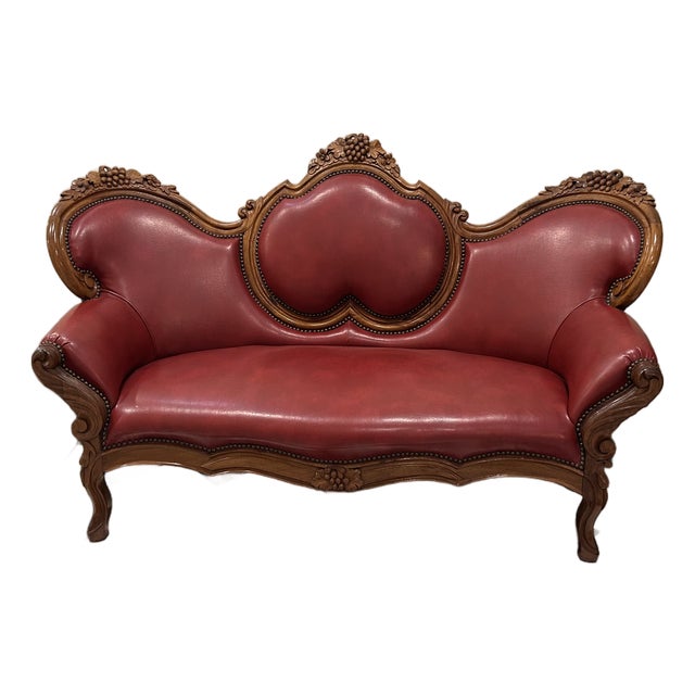 Victorian Red Leather Loveseat For Sale