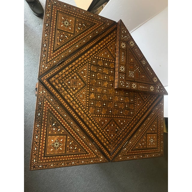 Wood Early 20th Century Hand Crafted Anglo-Indian or Inlaid Syrian Marquetry & Mother of Pearl Game Table Backgammon, Chess, Checkers For Sale - Image 7 of 14