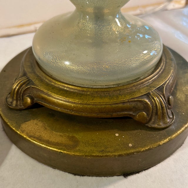 1940s 1940s Early Murano Aventurine Filled Hand Blown Glass With Brass Flower Pedal Lamps With Original Foil Tag, a Pair For Sale - Image 5 of 12