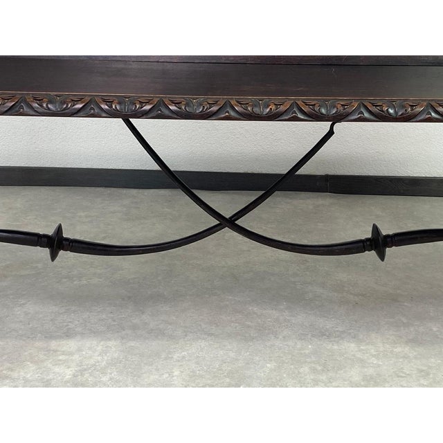 Spanish Renaissance Carved Chestnut and Iron Bench, 19th Century For Sale - Image 3 of 12