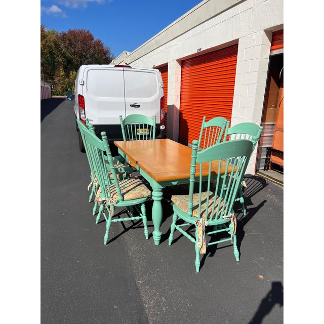 Farmhouse Farmhouse Two-Tone Dining Table With 6 Mint Green Windsor Chairs For Sale - Image 3 of 12