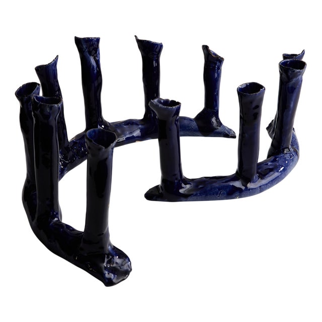 Indigo Blue Ceramic Candleholder Set, Set of 2 For Sale