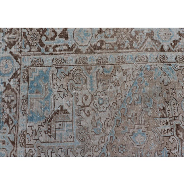 Early 20th Century Antique Persian Heriz Rug With Geometric Design in Taupe, Tan, Brown and Lt Blue For Sale - Image 9 of 13