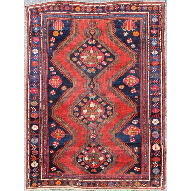 Antique Kurdish Rug in Red and Navy Blue With All-Over Geometric Medallions For Sale In Atlanta - Image 6 of 6