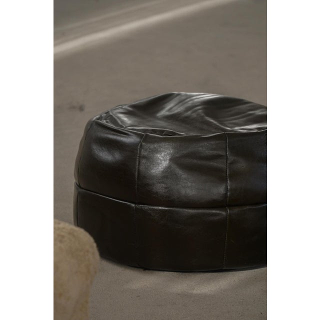 Vintage French Black Leather Pouf with Slouchy Form, 1960s For Sale - Image 3 of 18
