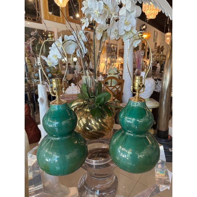 Wood Vintage Pair Gourd Green Crackle Glaze Porcelain Table Lamps Newly Wired Brass For Sale - Image 7 of 12