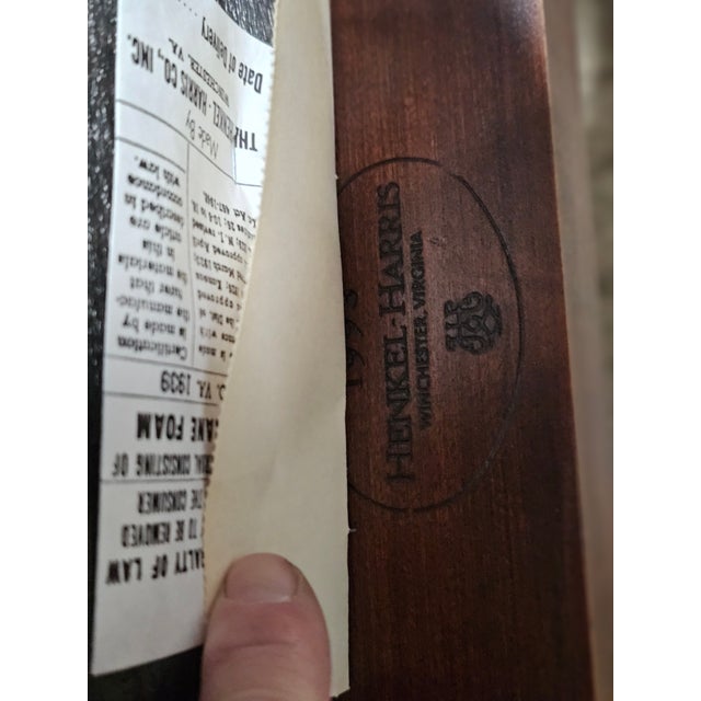 1990s Set of 8 Henkel Harris Black Cherry Dining Room Chairs White Damask Fabric For Sale - Image 16 of 18