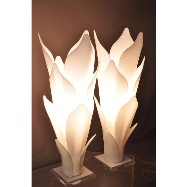 Rougier White Acrylic Lucite Tulip Flower Leaf Mid Century Table Lamps - a Pair. Circa Mid 20th Century. Measurements: 29"...