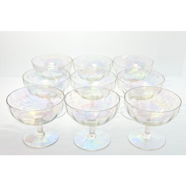 American 1970s Vintage 9 Lustre Iridescent Rainbow Pearl Optic Coupe Footed Dessert Bowls - Set of 9 For Sale - Image 3 of 6