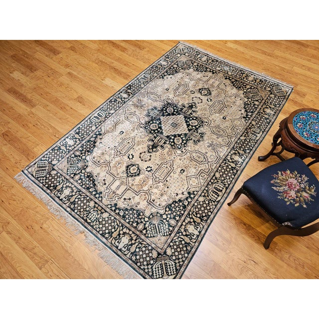 Vintage Indian Silk Rug, Hand-Knotted Geometric Design, 6' x 9' For Sale In Chicago - Image 6 of 15