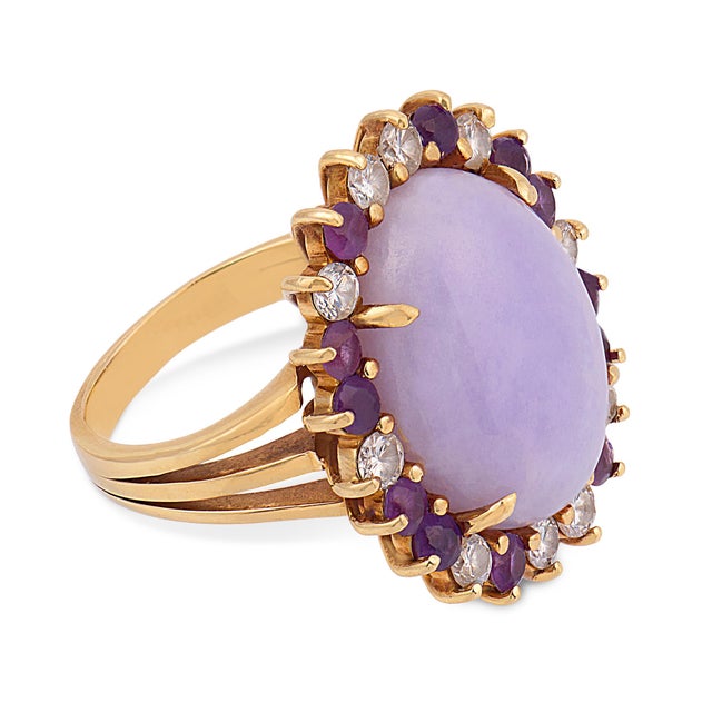 Vintage Lavender Jade Amethyst Diamond 14k Yellow Gold Cluster Ring, Size 5 For Sale - Image 4 of 6