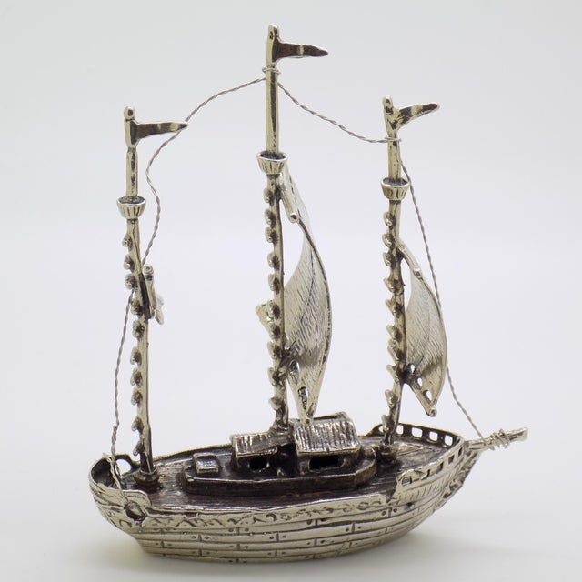 Metal Vintage Italian Handmade Genuine Silver Galleon Sailing Ship Large Figurine, Made in Tuscany in 1991 For Sale - Image 7 of 13