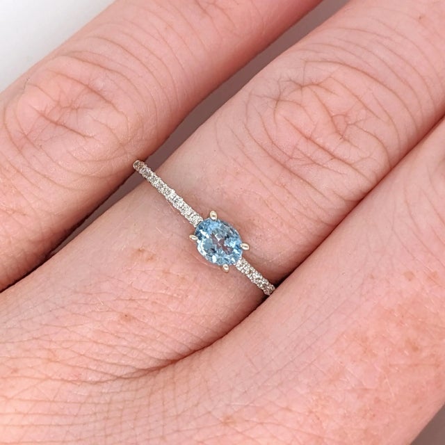 East West Aquamarine Ring with Natural Diamonds in Solid 14K White Gold Oval 3x5mm For Sale In Columbus - Image 6 of 11