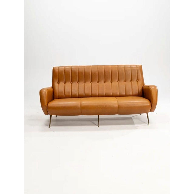 Three-Seater Sofa in Skai with Brass Feet in the style of Marco Zanuso,1950s For Sale - Image 4 of 12