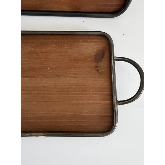 Vintage Handmade Wood Serving Trays With Hand-Forged Metal Frames – Set of 2 For Sale - Image 4 of 13
