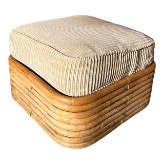 1950s Paul Frankl Style Stacked Rattan Ottoman Stool With Cushion For Sale