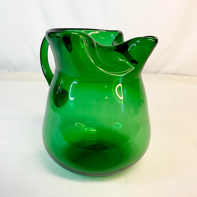 Art Deco 1950s Vintage Art Deco Americana Boho Chic Hand Blown Green Pitcher. For Sale - Image 3 of 9